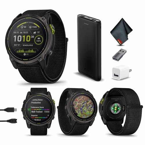 Garmin Enduro 3, Solar, Sapphire, Ultraperformance GPS Smartwatch, 90 Days Battery Life, Detailed Mapping, Built-in LED Flashlight, Carbon Gray DLC Titanium with Black Ultrafit Nylon Strap Bundle