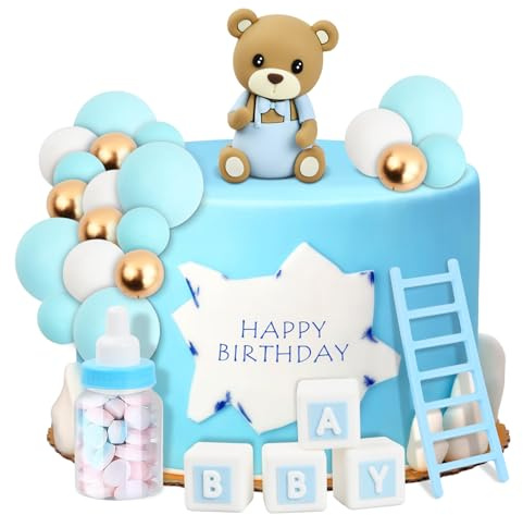 Tortendeko für Mädchen und Baby Babyparty Kuchen Deko, mit Blau Kleiner Bär Puppen und DIY Kuchentopper Kugeln, Ideal für Baby Junge Mädchen Geburtstag Party Deko