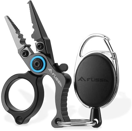 FLISSA Mini Fishing Pliers, Multi-Functional Fish Pliers with Tungsten Steel Cutter, Aluminium Alloy Handle, Safety Lock & Fly Fishing Retractor, Perfect for Sea & Freshwater Fishing