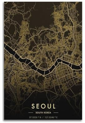 PCMOAUDB Póster decorativo de mapa de Seúl, Corea del Sur, pintura decorativa, lienzo, póster de pared e imagen artística moderna para decoración de dormitorio familiar, pósteres de 20 x 30 pulgadas