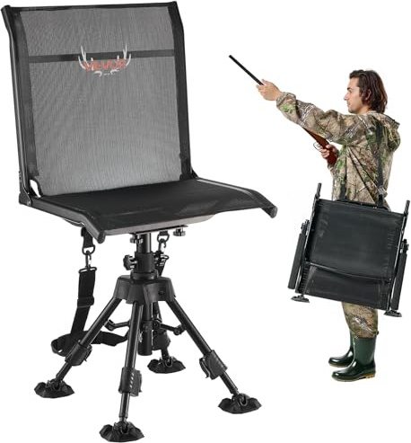 VEVOR Silla de Caza Giratoria Silenciosa de 360°, Plegable, con Estructura de Acero Resistente, Asiento Tipo Taburete con Patas Giratorias Antihundimiento, Carga 158 kg, 570 x 500 x 880-1080 mm