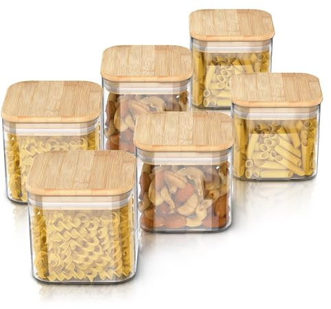 Arendo - Vorratsgläser mit Deckel 800ml - 6er Set - Behälter aus Glas – hitzebeständig – Vorratsdosen/Vorratsbehälter mit Bambusdeckel - luftdicht - für Müsli Zucker Mehl Kaffee Reis