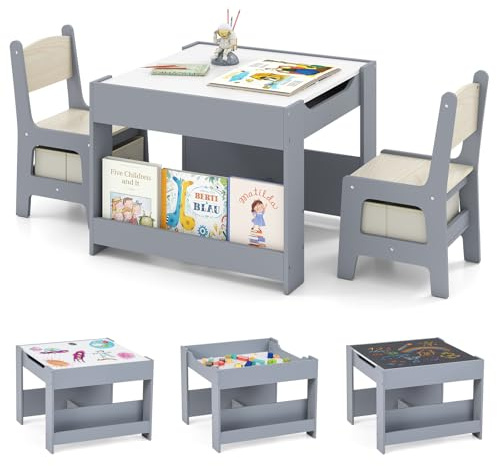 COSTWAY Kids Table and Chairs Set, Wooden Toddler Activity Tables with Reversible Tabletop, Bookshelves, Storage Bins, 3-Piece Children Furniture for Boys Girls (Grey+Natural, 61x61x48cm)
