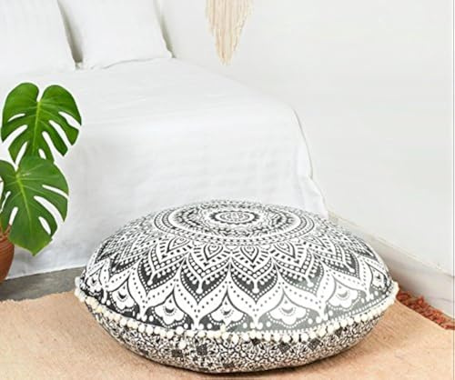 Popular Handicrafts Großer Hippie-Mandala-Ombre-Kissenbezug – Kissenbezug – Pouf-Abdeckung rund Bohemian Yoga Decor Bodenkissen Fall – 81,3 cm schwarz grau