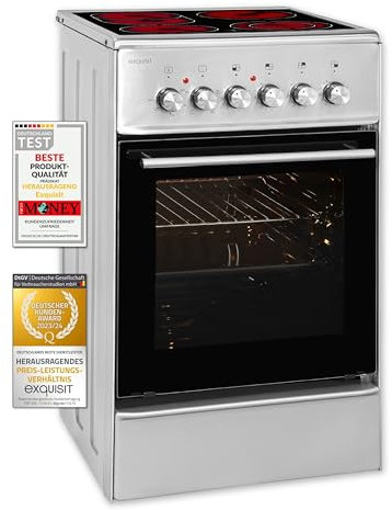 Exquisit Standherd ECM 5-4.1 BZ Inox | Standherd 50cm mit Glaskeramik Kochfeld | 2-Kreis-Bräterzone | Umluft | Grill | Elektroherd freistehend 50 cm