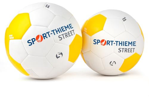 Sport-Thieme Straßenfußball | Hochwertiger Street Soccer Fußball | Genähte Butyl Ballblase, Mehrschichtaufbau, Nadelventil | In Größe 4 oder 5 | Hochglanz Weiß - Gelb | Markenqualität