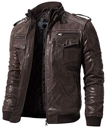 FLAVOR Bikerjacka i äkta läder för män Retro Brunt äkta läder (XL, Mörkbrun)