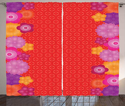 ABAKUHAUS rot Rustikaler Gardine, Günstige asiatische Glockenblume, Schlafzimmer Kräuselband Vorhang mit Schlaufen und Haken, 280 x 260 cm, Mehrfarbig