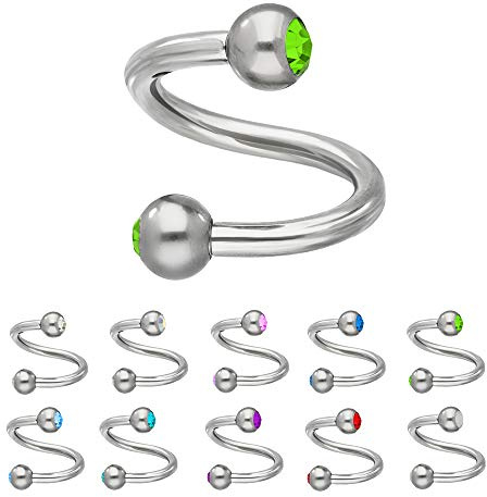 Treuheld® | Silberne PIERCING SPIRALE mit 2 Kristallen - [95.] 1.2 x 10 mm (Kugeln: 3mm) - grün
