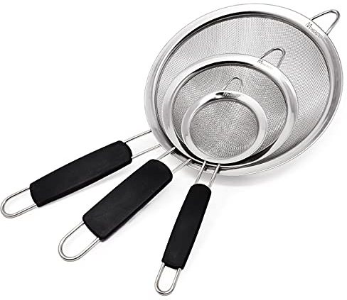Makerstep Fine Mesh Strainer Set of 3, Stainless Steel 3.38, 5.5, 7.87 Strainers Wire Sieve Sifter with Insulated Handle Strainers for Kitchen Gadgets Tools
