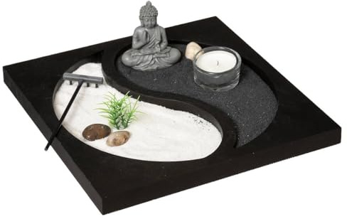 Atmosphera - Zen Yin Yang Buddha Garten auf einem Tablett mit Kerze und Dekoration, Schwarz, 23,5 x 23,5 cm