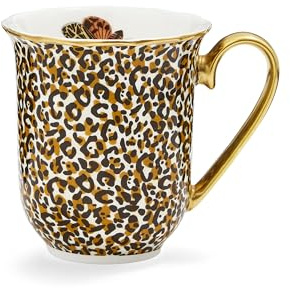 Spode x Creatures of Curiosity Coffee Mug - Leopard Print Design with Luxe Gold Handle, Fine China Mug with 22-Carat Gold Detailing, 340ml