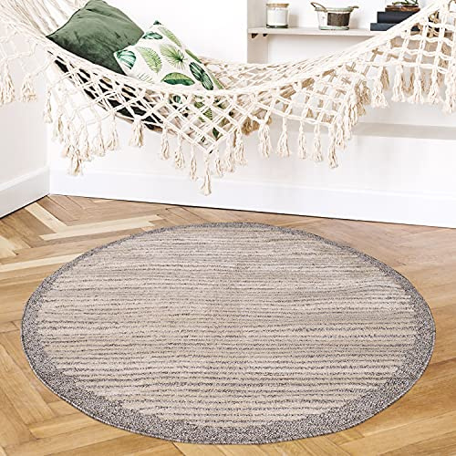 payé Teppich Rund - Braun-Beige Streifen -160x160cm Kurzflor Modern Dekoration fürs Wohnzimmer Schlafzimmer Skandinavische Teppiche