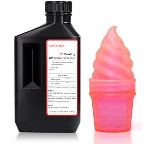RepRapper 203 Zweifarbiges Wasserwaschbares 3D Drucker Resin 3D Drucker Harz UV 405 nm Rapid Photopolymer Resin Water Washable Resin für LCD 3D Druck, Orange+Rosa 1000g