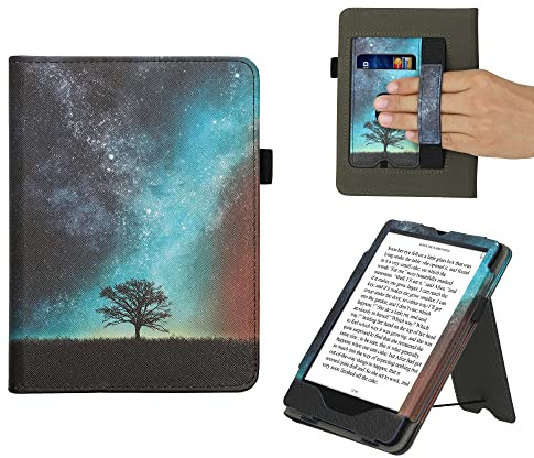 kwmobile Klapphülle kompatibel mit Amazon Kindle Paperwhite 11. Generation 2021 Hülle - Flipcase für Kindle Paperwhite Hülle mit Handschlaufe - Galaxie Baum Wiese