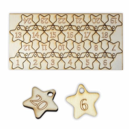 24 Adventskalender Zahlen aus natürlichem Birkensperrholz - Weihnachtskalender Anhänger Nummern zum Basteln (Sterne)