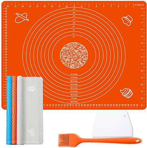 27.5inx19.7in Non-Stick Silicone Baking Mat，Large Baking Pastry Mat，with Dough Scraper and Pastry Brushes, Non-Slip Fondant Rolling Mat Kneading Board Mat (Orange)