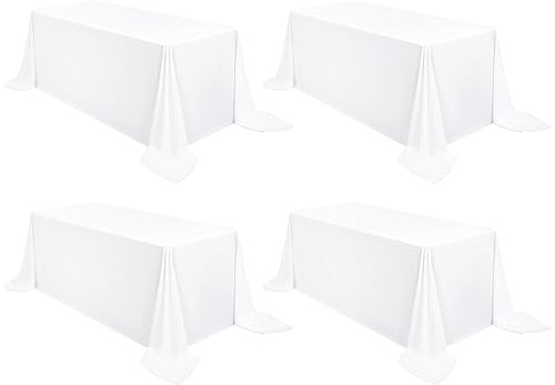 4 Stück weiß Polyester Tischdecke 229 x 335 cm Rechteck Tischdecke für 8-Fuß Rechteck Tische, Fleck und Falten Beständige Waschbare Polyester Tischdecke für Hochzeit Parteien Bankett Küche | Waschbare und Langlebige Tischdecke Tischdeckes für Garten Partys Geburtstagsfeier oder Grill