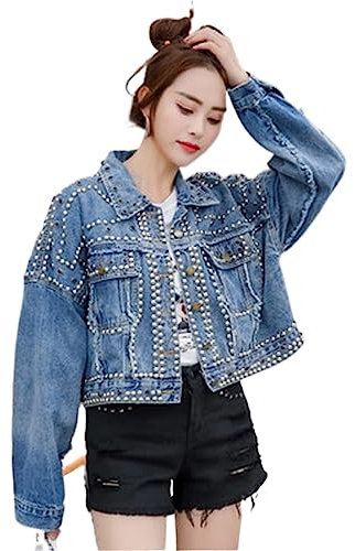 QLXYYFC Damen-Jeansjacke Mit Nieten, Lose Oberbekleidung für Damen, Lässig, Kurze Jeans (Color : Noir, Size : L)