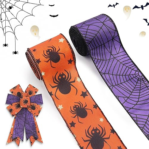 ALIBBON 2 Rolls 2.5 × 5 Yd Halloween Wired Ribbon Halloween Spider Burlap Ribbons Spider Web Ribbons Orange Purple Ribbons for Halloween Wreath DIY Crafting Gifts Wrapping Halloween Party Decoration