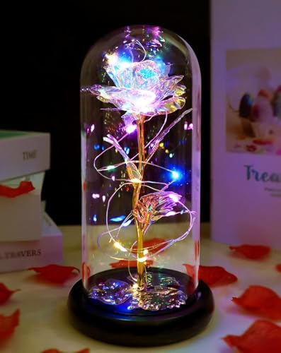 srn Galaxy Rose in Glass with LED Light, Colorful Rose Flower Gift for Valentine's Day Wedding Anniversary