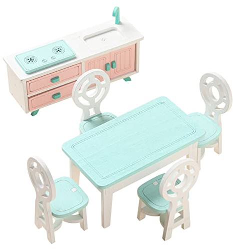 6 pezzi Bambini Sala da Pranzo in Legno Casa delle Bambole Mobili in Miniatura Tavolo da Pranzo Sedie Armadietto Giocattolo Set Famiglia Fai Finta di Giocare,Tavolo+Sedia+Armadio Cucina e Lavello
