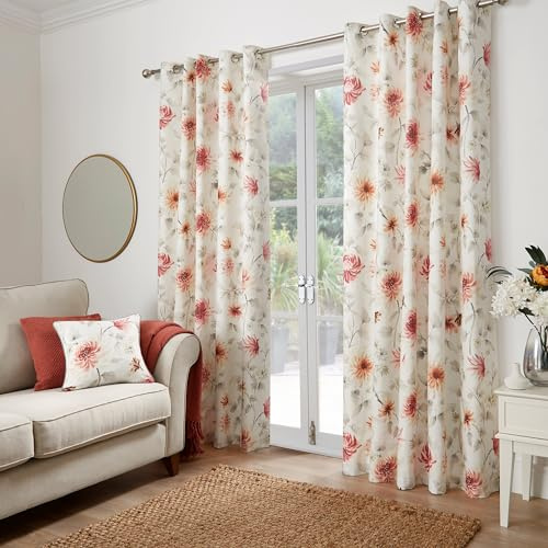 Dreams & Drapes - White & Red Floral Curtains W46 x L54 (117 x 137cm) - Coral Red Flower Eyelet Curtains - Traditional/Botanical Drapes for Living Room & Bedroom - Nadia Collection