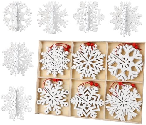 Anstore 24 copos de nieve decorativos de madera, decoración tridimensional, 10 cm, color blanco, decoración para árbol de Navidad, decoración de invierno, decoración de madera, manualidades