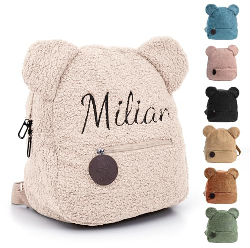 Personalized Toddler Backpack with Name, Customized Kids Back Pack for Boy & Girls, Custom Cute Small Bag Child Bookbag for School & Travel, Preschool Kindergarten Elementary Mini Backpack (Beige)