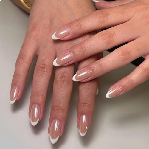 GlamRays Lot de 30 faux ongles en forme d'amande, longueur moyenne, blanc-rose brillant, pointe française, à coller, chromés, mat, manucure française, couverture complète