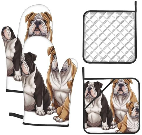 Ofenhandschuhe und Topflappen-Sets, 260 °C, hitzebeständige Küchenhandschuhe, rutschfeste Ofenhandschuhe, Topflappen, englische Bulldoggen, Ofenhandschuh-Set, lustige Einweihungsgeschenke, 4-teiliges