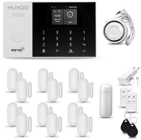 HUXGO® HXA005 Alarmas para casa hogar WiFi + gsm 4G con Sirena | Kit Alarma inalámbrico con 1x Sensor de Movimiento, 12x alarmas de Puerta/Ventana | Alarma Tuya Smart Life