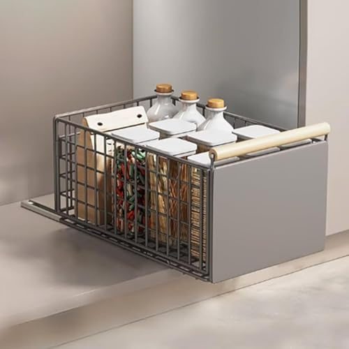 Teleskopschublade, Faltbar Ausziehbare Schublade Küche, 23.5*19.5*39.5~56.5cm, Metall Ausziehbarer Schrank Organizer, Kein Bohren Pull Out Cabinet Drawer Organizer, Küchenschrank Organizer, grau