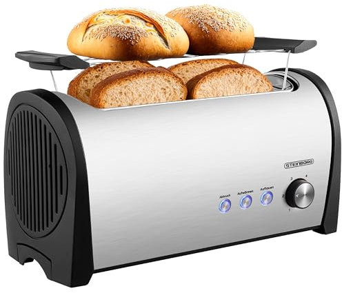 Steinborg - Tostadora de 4 rebanadas con rejilla para bollería XXL de acero inoxidable, luz LED azul, apagado automático, doble ranura para tostadora familiar