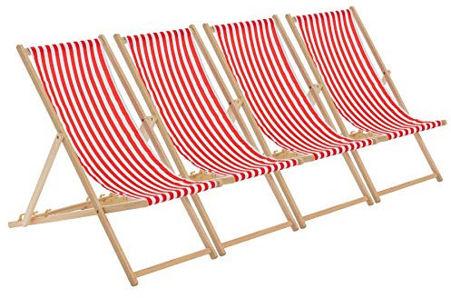Traditioneller Klapp-Liegestuhl aus Holz, Senfgelb, Einzelpackung für Erwachsene, Outdoor-Sonnenliege aus Segeltuch für Garten, Terrasse, Strand und Camping, rote Streifen, 4 Stück