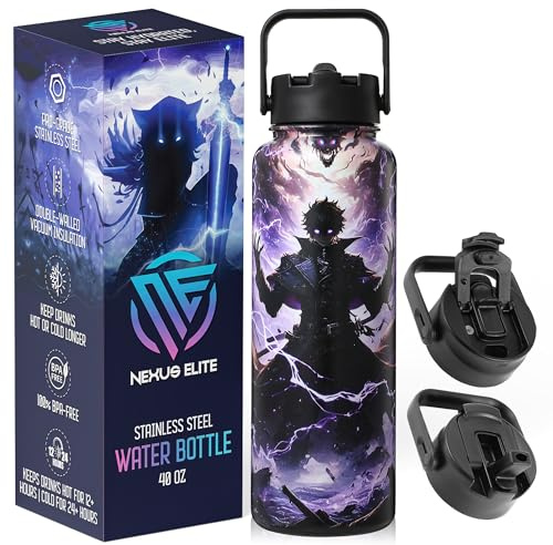 Anime Water Bottle 40 oz – Dark Realm Collector Edition, Insulated Stainless Steel Bottles with Straw for Men & Boys, Leakproof Teens & Kids Tumbler, Gaming Birthday Gift for Anime Fans Mens & Gamers