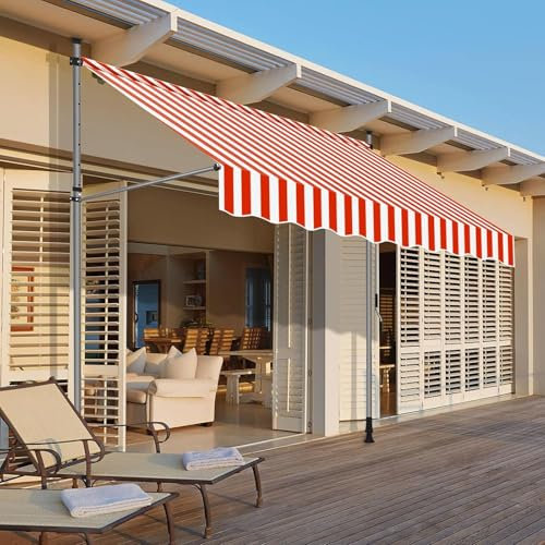 Tenda Da Sole A Muro con Pali Di Supporto Telescopici Installazione Senza Fori Tettuccio Parasole A Manovella E Bracci Tela 300 X 120 cm (LxP), Tenda Da Sole per Esterno Avvolgibile(200x120cm)