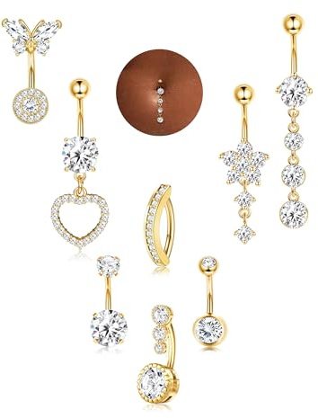MILACOLATO 8Pcs Oro Perforador de Ombligo de Acero Quirúrgico, Clicker con Flor, Corazón y Mariposa Pendiente, Conjunto de Aros Abdominales para Mujeres