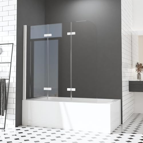Duschwand für Badewannen 140 x 140 cm 3 teilig faltbar Duschwand Faltwand Duschabtrennung Sicherheitsglas Nano Glas,Weißer Aluminiumrahmen