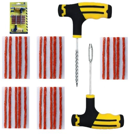 JOIYHY Kit de Réparation Crevaison Voiture, Kit Meche Pneu Voiture, Inclut 25 Bande de réparation de pneus,1 Foret fileté, 1 Foret fourchu,pour Auto, Motos, VTT, Tracteurs