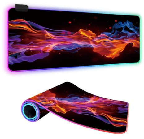 FANSU Couleur 3D XXL Tapis de Souris Gaming RGB LED 14 Effets Éclairage Antidérapante Grand sous Main Bureau pour Clavier et Souris, USB- Mouse Pad pour PC Gamer (Orange,700x300x4mm)