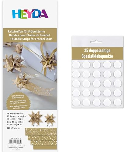 Heyda Faltstreifen für Fröbelsterne – 96 Streifen – beidseitig bedruckt – Bastelpapier Set für 24 Sterne – mit Anleitung – DIY, Origami, Basteln - Inklusive 25 Klebepunkte (gold 1x30cm + 1,5x45cm)