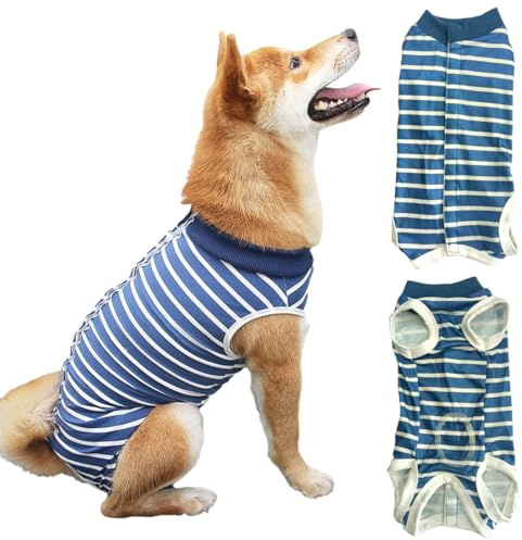 Body Post Operatorio Cane Femmina, Tuta di Recupero per Cani A Strisce,Tuta Post Operatoria cane per Cani Recupero Cane,Body-Post Operatorio Protezione di Ferite Addominal,Anti-Leccamento(Blu, XL)