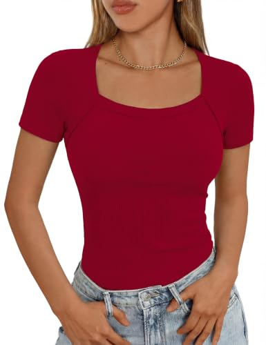 Aottori Summer Short Sleeve Top for Women UK Square Neck T Shirt Basic Ribbed Base Layer Undershirt Fitted Stretch Knit Tee Plain Soft Tunic Tops Red L
