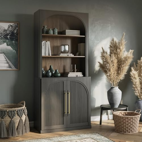 BELLEZE Tall Arched Storage Cabinet with Hutch,Modern Bookcase with Drawers,Freestanding Display Shelf with Fluted Design,Wood Highboard for Living Room,Kitchen Pantry,Home Office - Ebony