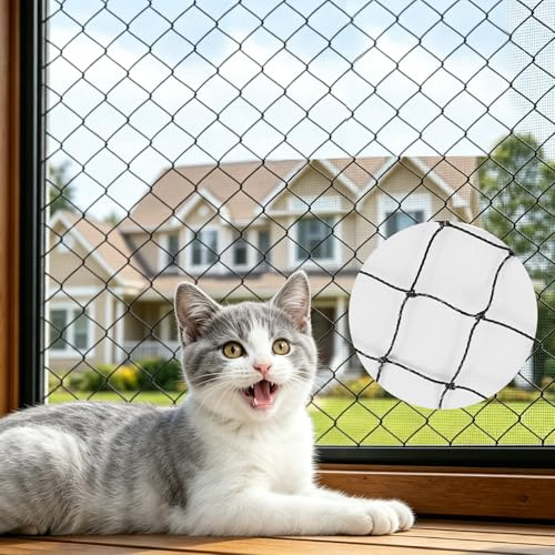 Kattnät för balkong 2 x 3 m, svart, trådförstärkt och rivtålig, kan monteras utan borrning, UV-beständigt balkongnät för katter, inkl. monteringssats, kattskyddsnät för fönster, terrass och dörrar