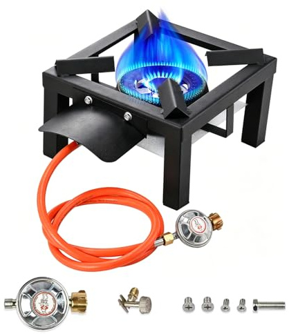 Fornello a Gas Da Campeggio,Design Portatile,Cucina Da Esterno Con Scudo Termico,Tubo Da 1,5 m Con Riduttore Di Pressione, Bruciatore In Ghisa Adatto Per Campeggio,Picnic,Riunioni Di Famiglia,Ecc.