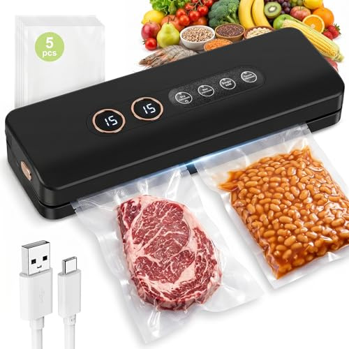 2026 New Vacuum Sealer, Cordless Rechargeable Food Vacuum Sealer For Kitchen, 62KPa Vacuum Pack Sealer With Two Display, USB Battery Charging Sealing Machine, Includes 5 Bags, With Dry/Wet/Seal/Pulse