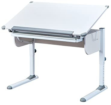 Höhenverstellbarer Schreibtisch mit kippbarer Ablage, in Weißmetall, 110x68x55-78 cm