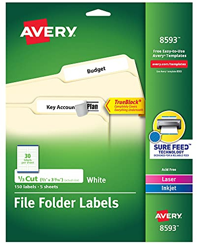 Avery File Folder Labels with TrueBlock Technology, Permanent Adhesive, 2/3 x 3-7/16, Laser/Inkjet, 4-Pack, 150 Labels Total (08593)